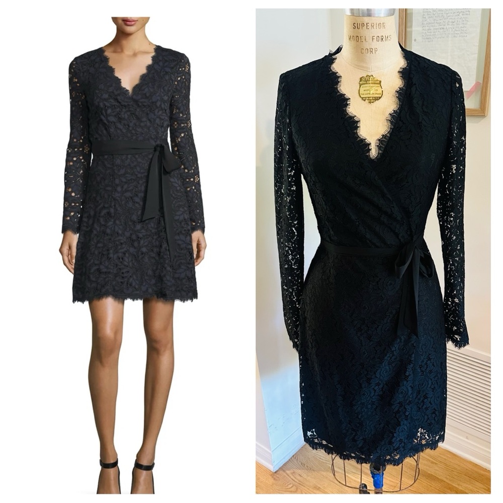 Diane Von Furstenberg Wrap Black Lace Dress, Sz 2